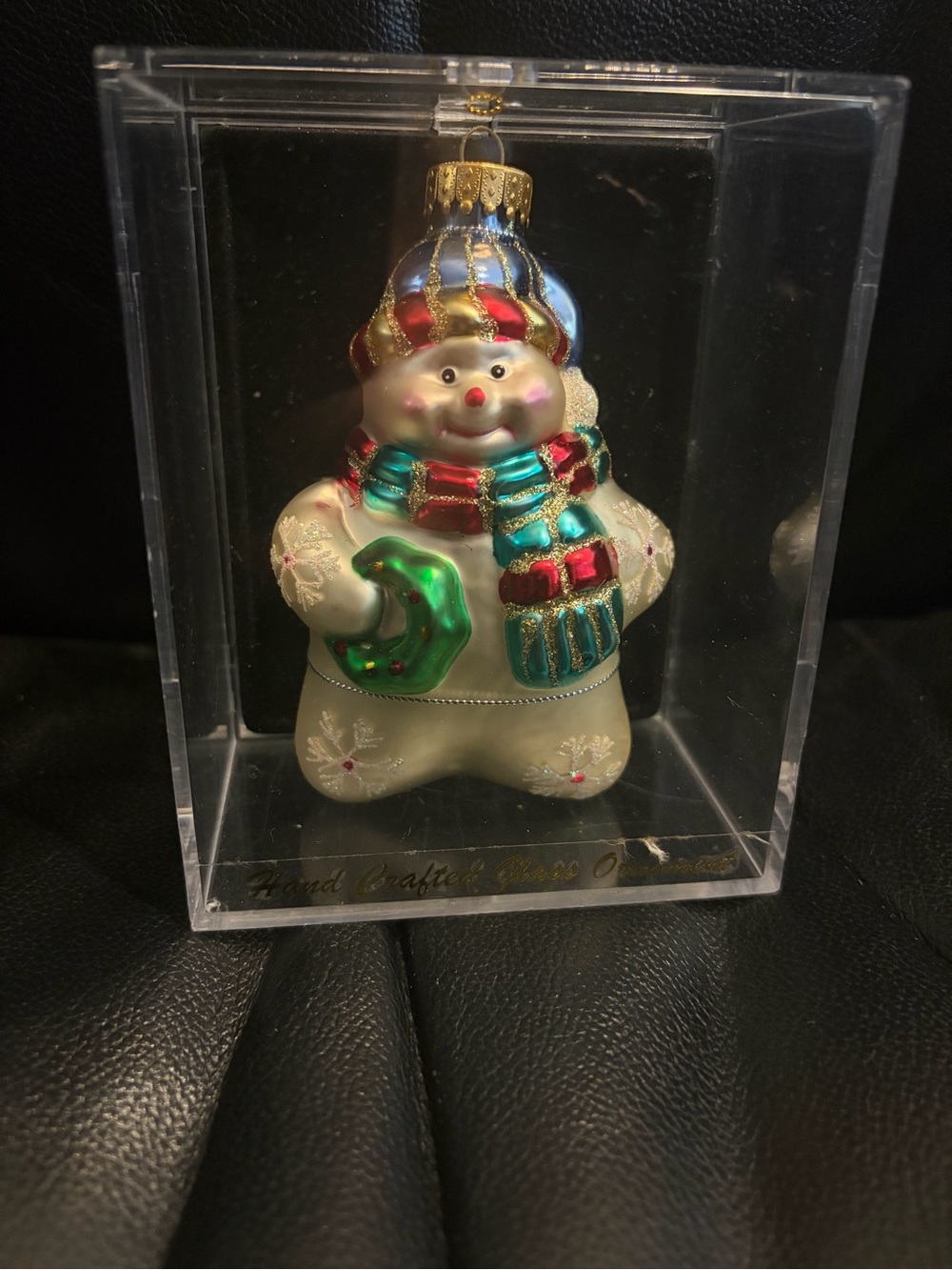 Glass White Snowman Ornament with Multicolor Hat and Scarf